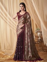 Gold And Wine Shimmer Georgette Silk Saree